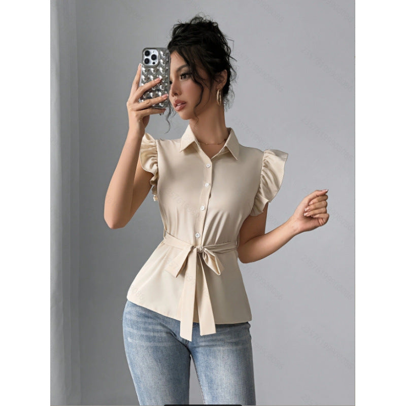 Women's blouse with ruffles and a fitted belt Skjora