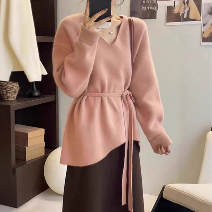 Dame cardigan med elegant V-hals og belte i midjen Skjora