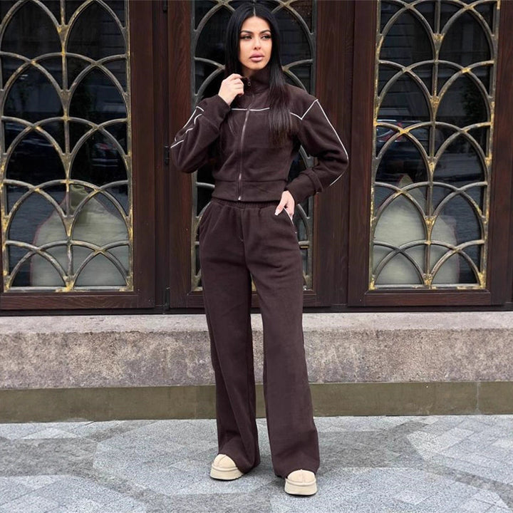 Damer Casual Fleece Cropped Set med Løs Passform og Elastisk Liv Skjora