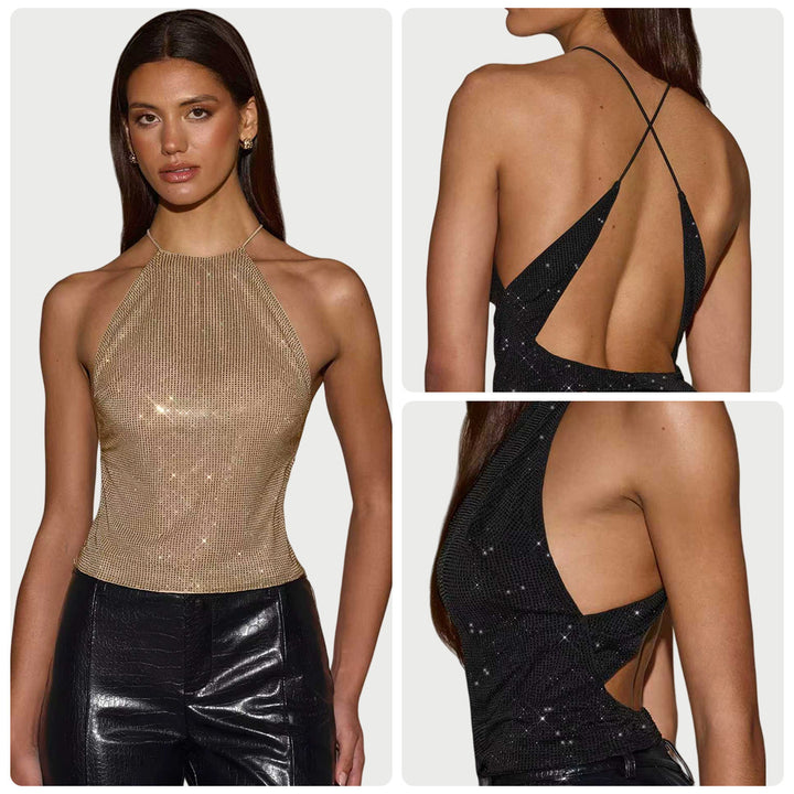Kvinnenes glitrende topp med smal halterneck-design og glitrende detaljer Skjora