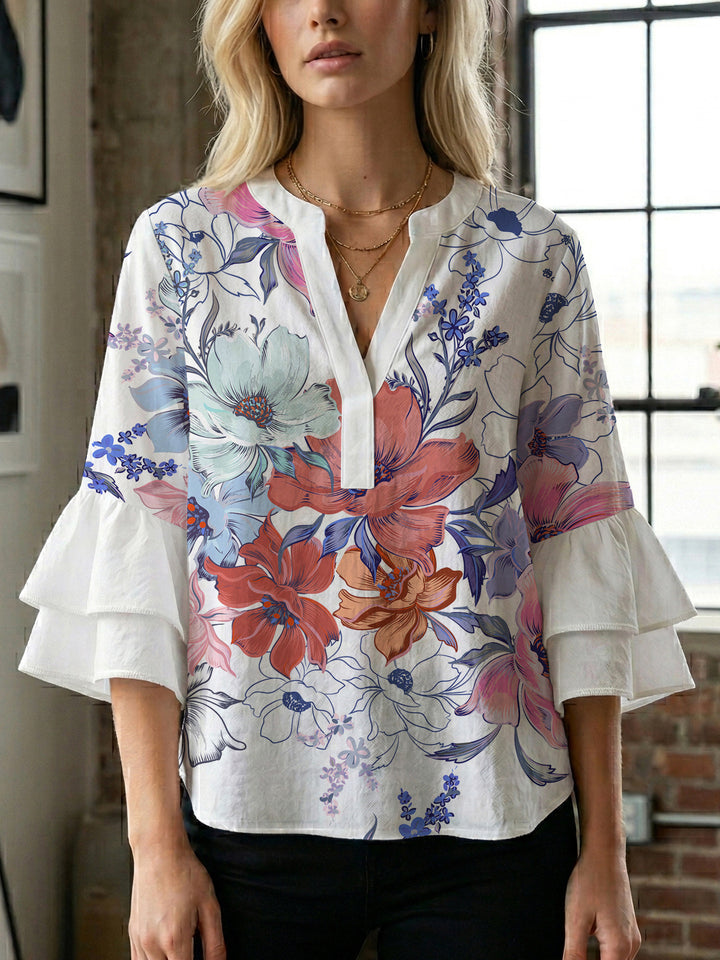 Damer Elegant topp med voluminøse rynkete ermer og blomstertrykk Skjora