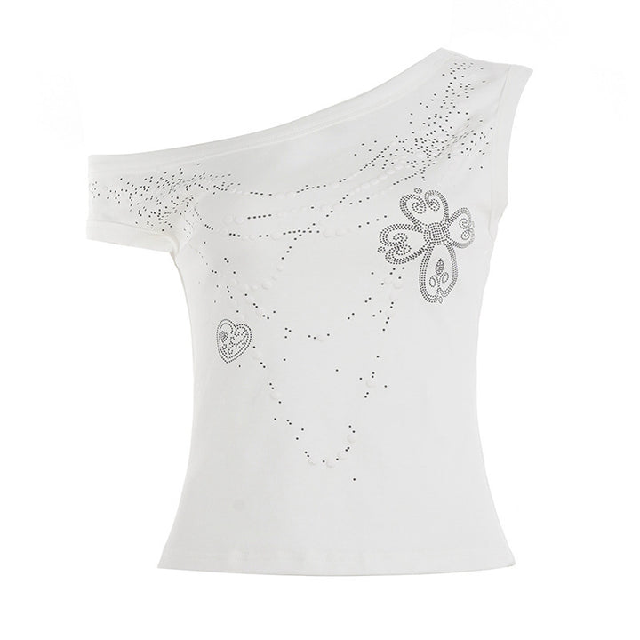 Dame asymmetrisk tanktop med stilig trykk og dekorative applikasjoner Skjora