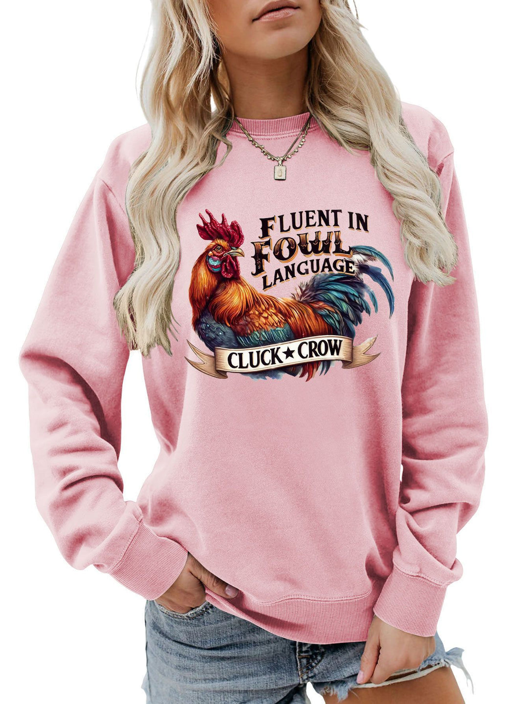 Dame sweatshirt med humoristisk kyllingmotiv og behagelig passform Skjora