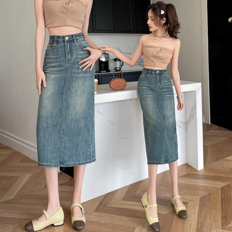Damer Lang Denim Skjørt med Front Slitu Skjora