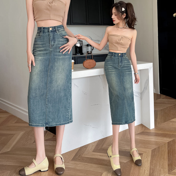 Damer Lang Denim Skjørt med Front Slitu Skjora