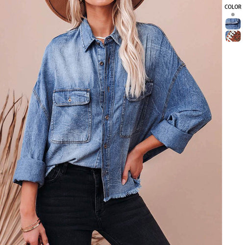 Damer Casual Denim Skjortejakke med Frynser på Mansjettene og Praktiske Lommer Skjora