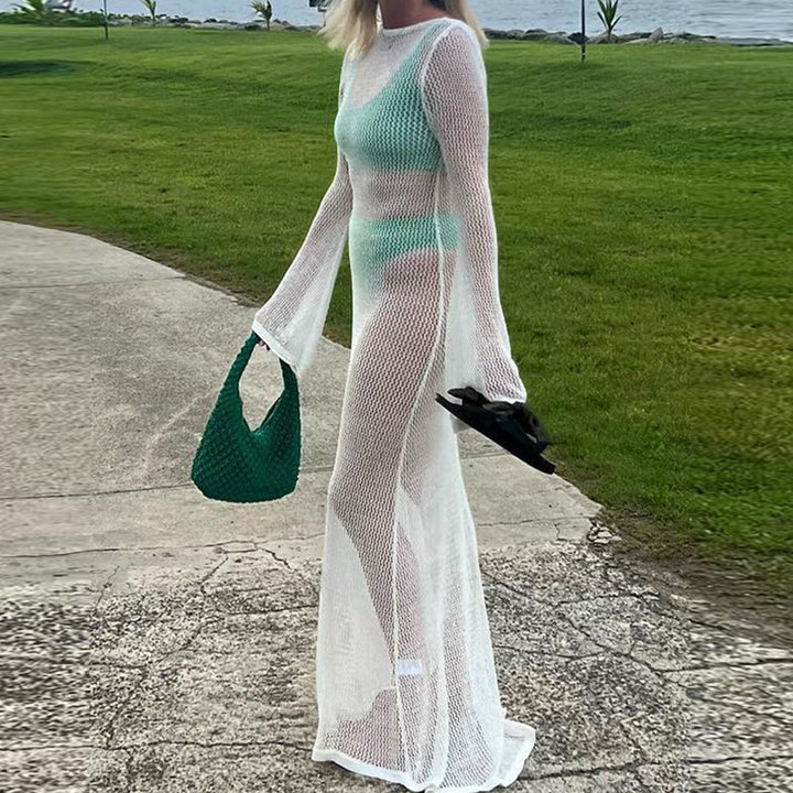 Damen Häkel-Strandmaxikleid mit weitem Schnitt und eleganten Glockenärmeln Skjora