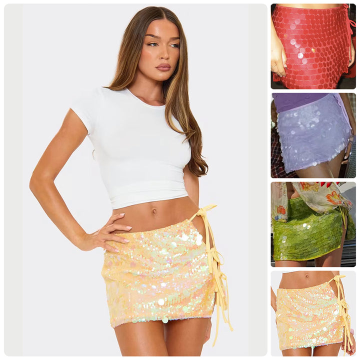 Dame Glitter Mini Skjørt med Paljettkant og Sidesplit