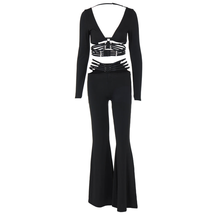 Dame modisk jumpsuit med dyp V-hals og flytende bein Skjora