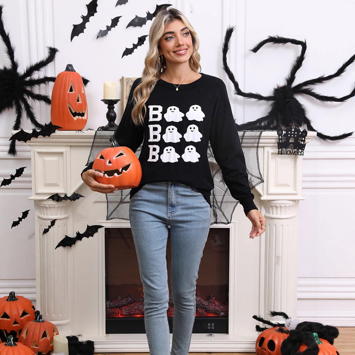 Kvinne Strikket Halloween Genser med Spøkelse Motiv og Løs Passform Skjora