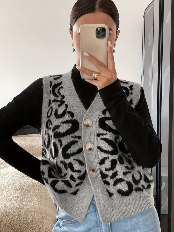 Damer strikket vest med elegant leopardmønster og høy kvalitet knapper Skjora