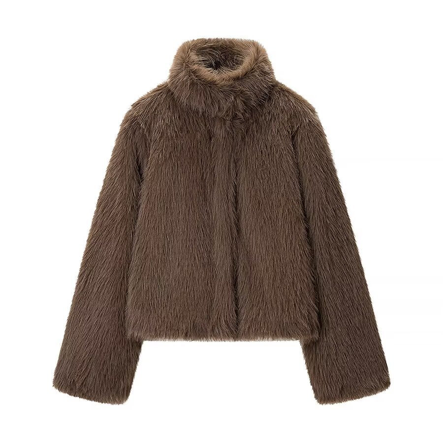 Kvinnens Cozy Plush Jakke med Høy Krage og Løs Passform Skjora