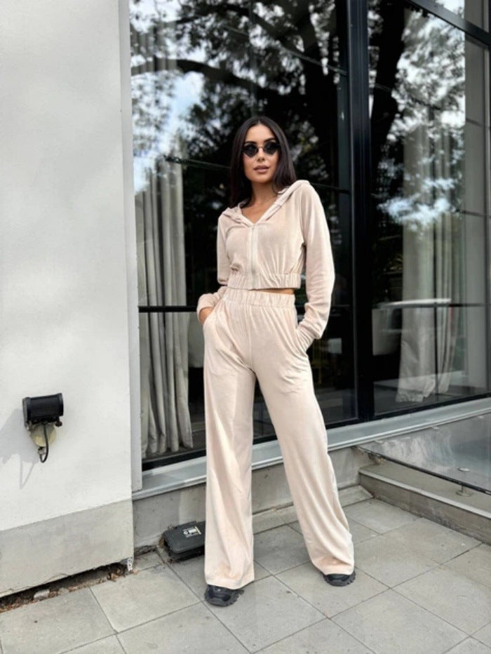 Kvinners sporty velour loungewear-set med hette og elastisk midjebånd Skjora