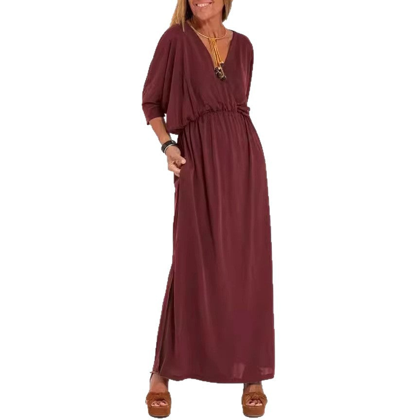 Kvinne elegant maxi kjole med sidesplit og fleksibel midje Skjora