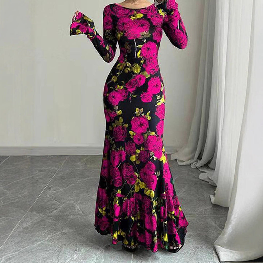 Kvinnene Elegant Maxi Kjole med Blomster Rysjedetaljer og Lange Ermer Skjora