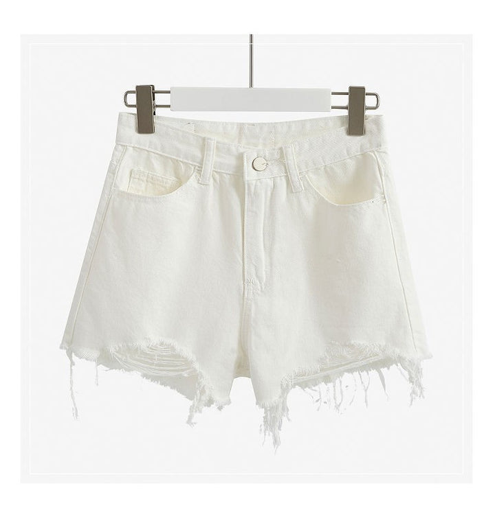Dame Ødelagte Denim Shorts med Høy Liv og Frynset Kant