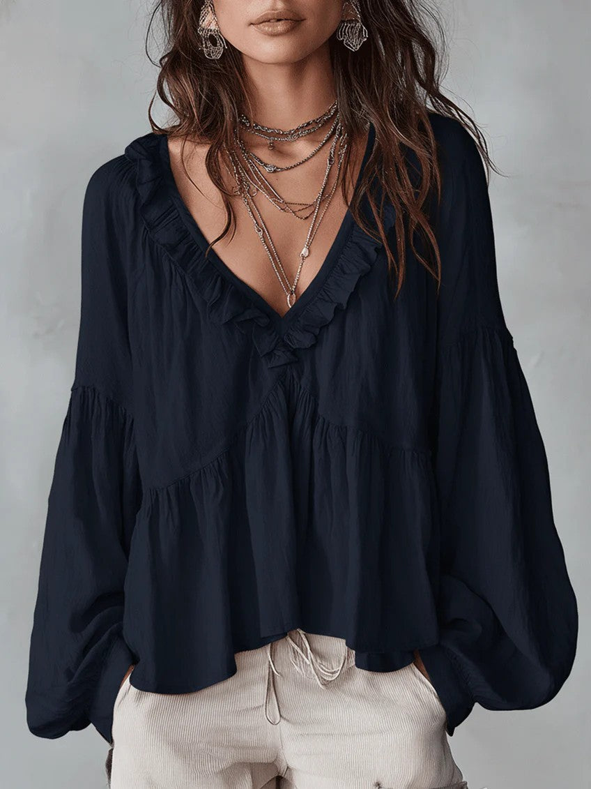 Women's Flowy Top with Ruched Detail and V-Neck Skirt