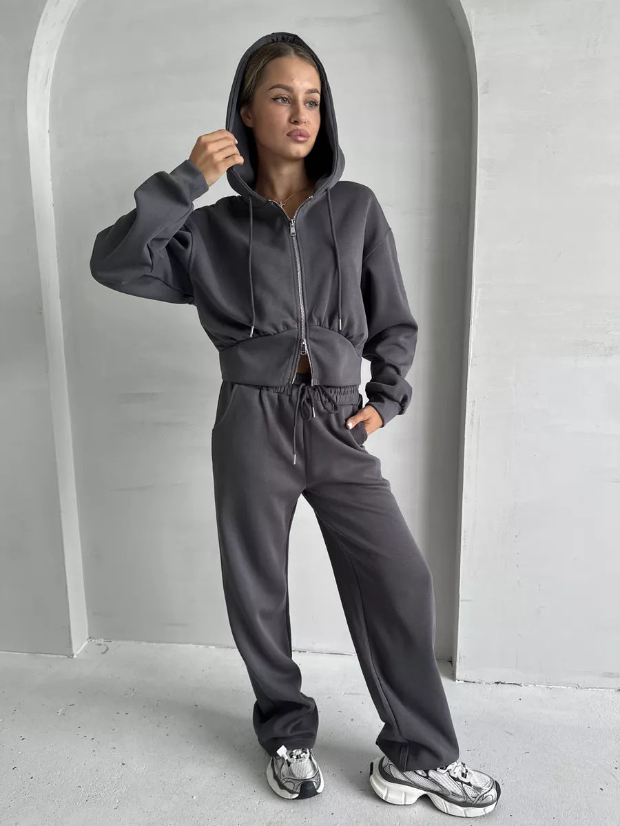 Dame Sporty Cropped Hoodie og Løse Joggebukser Sett Skjora