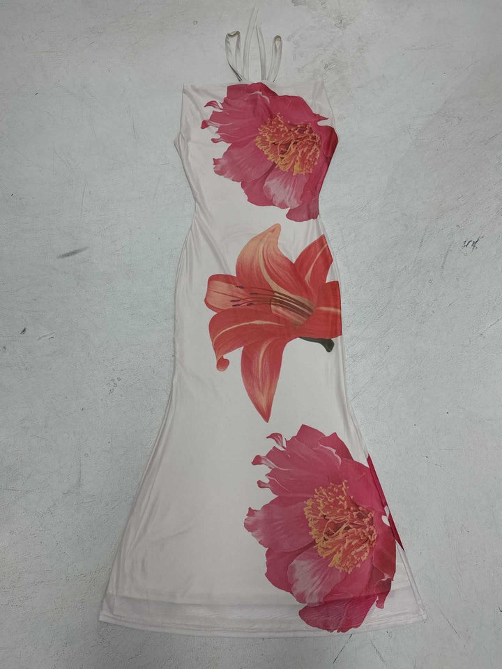 Dame Maxikjole med blomstermønster og spissaksenter Skjora