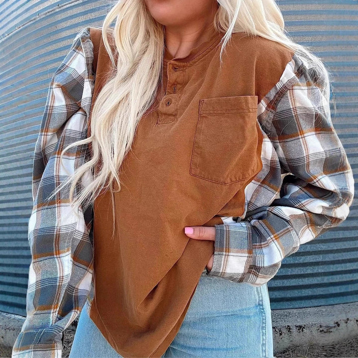 Kvinne Langermet Skjorte med Rutete Ermer Skjora
