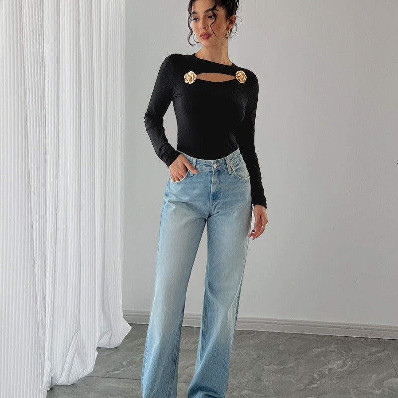 Damer Elegant Langermet Bodysuit med dekorative blomsterdetaljer Skjora