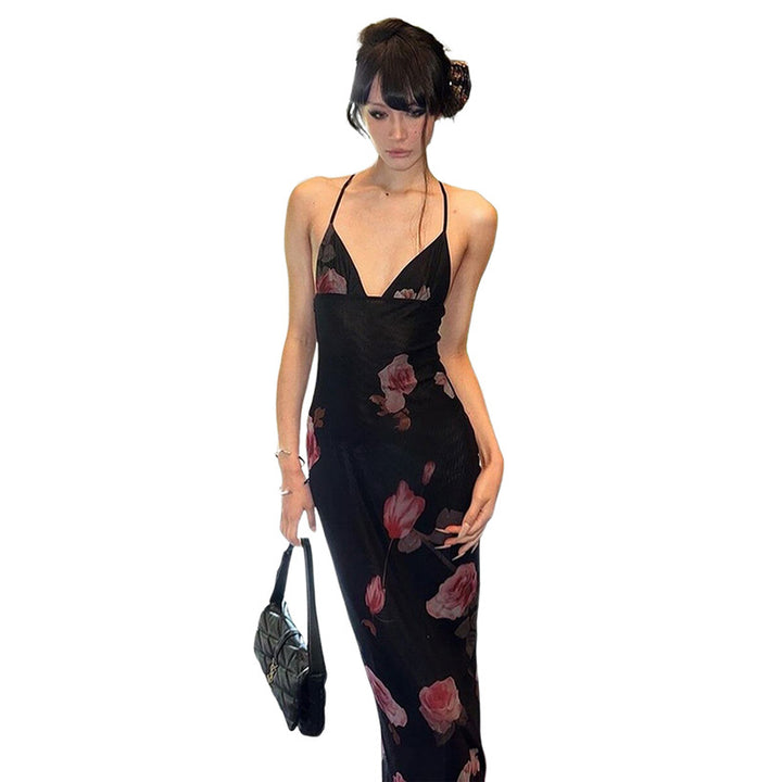 Dame Maxi Strandkjole med floralt mesh-design og dyp V-hals Skjora