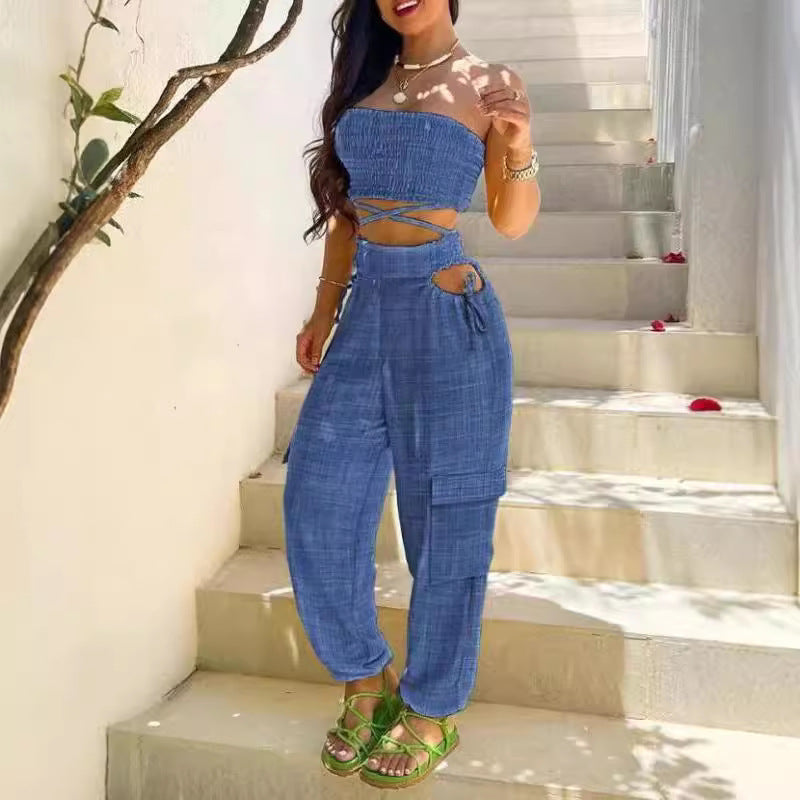 Dame Fasjonabel Todel bestående av Crop Top og Cargo-Bukse Skjora