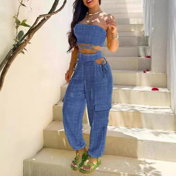 Dame Fasjonabel Todel bestående av Crop Top og Cargo-Bukse Skjora