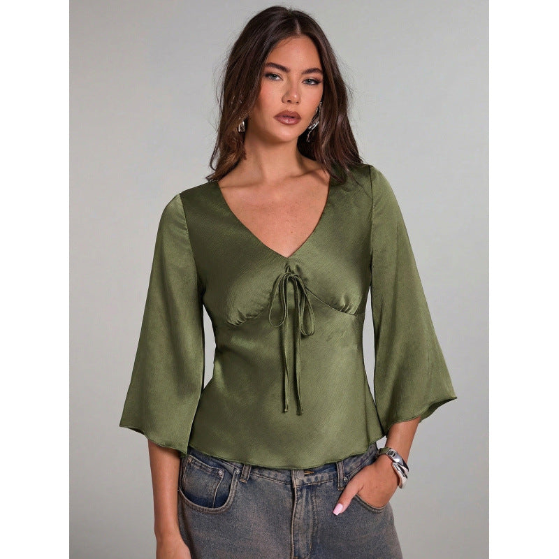 Dame Elegant topp med slips og vide ermer Skjora