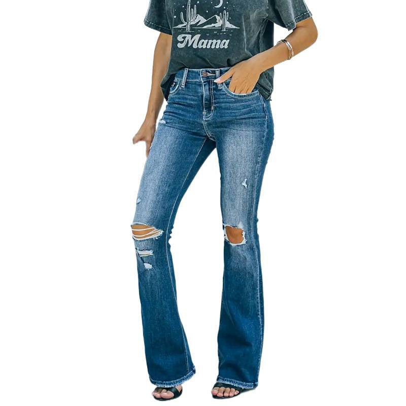 Dame Flared Jeans i vintage-stil med avslappet destroyed-effekt Skjora