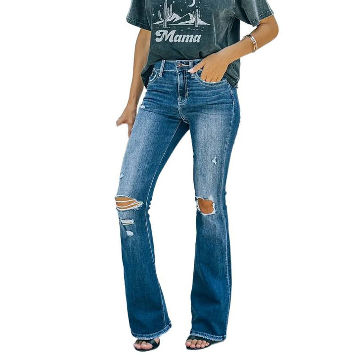 Dame Flared Jeans i vintage-stil med avslappet destroyed-effekt Skjora