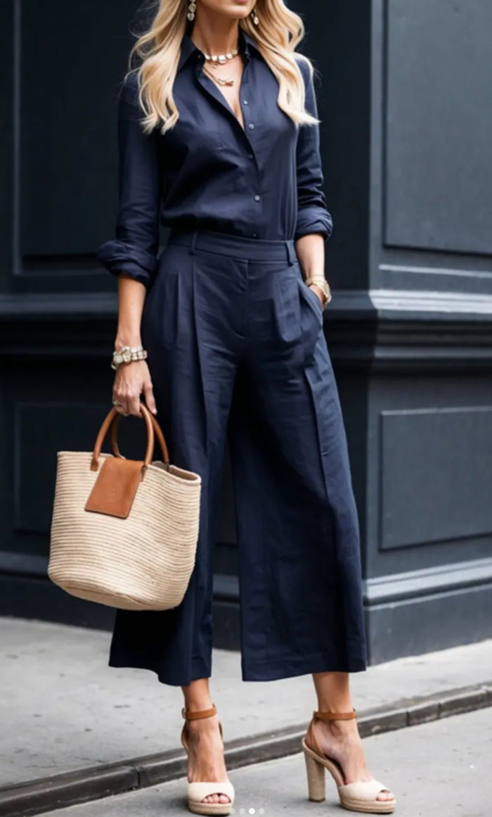 Kvinnes Elegant Lin Dress med Skreddersydd Bluse og Brede Bukser Skjora