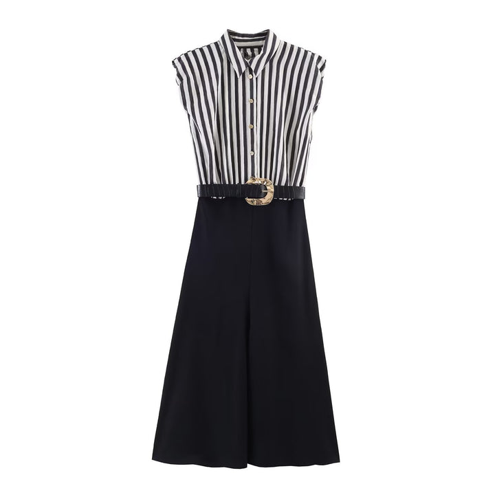 Dame jumpsuit med elegant stripemønster og dekorativt belte Skjora