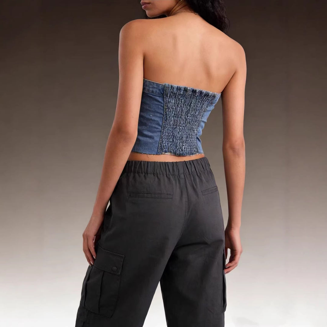 Dame Denim Bustier-Topp med knappdetalj og frynser Skjora