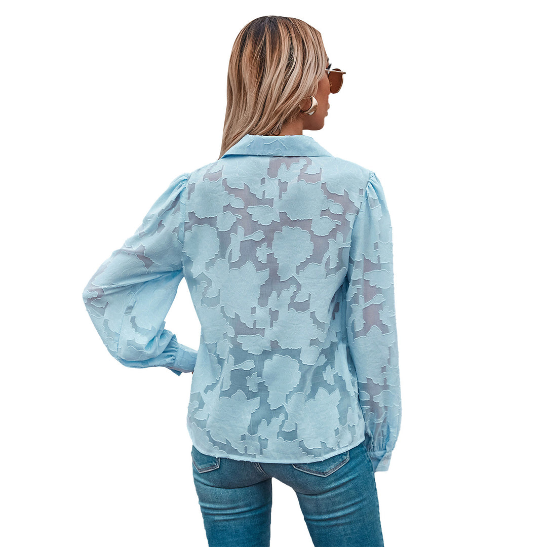 Damebluse med ballongformede ermer og blomsterdesign Skjora