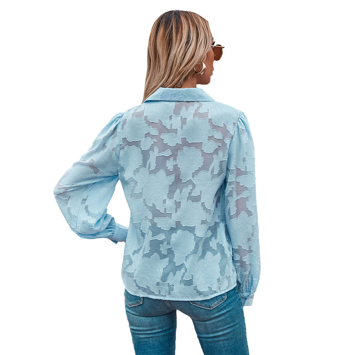 Damebluse med ballongformede ermer og blomsterdesign Skjora