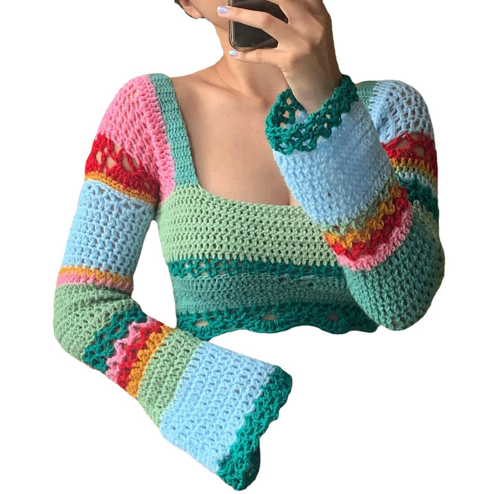 Damer heklede Crop-Top med lange ermer og uvanlig kant Skjora