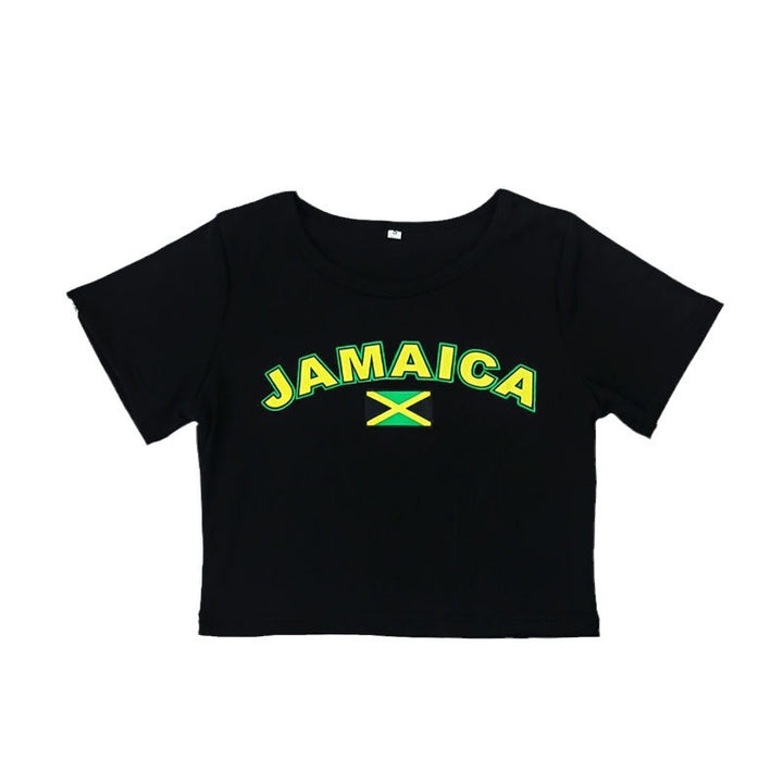 Dame cropped T-skjorte med jamaicansk motiv og trendy tekst Skjora