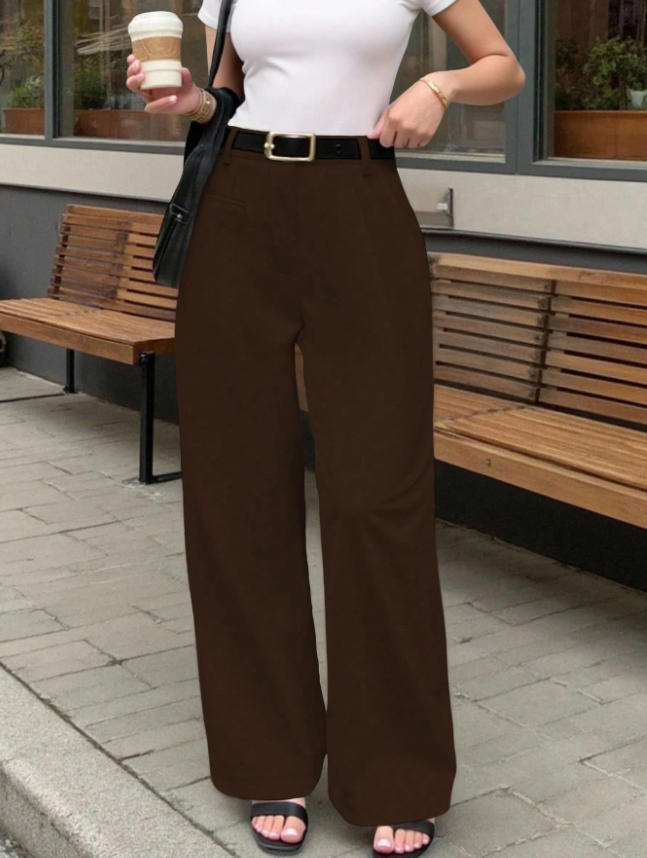 Dame Elegant og behagelig høy midje stoffbukse med bred ben Skjora