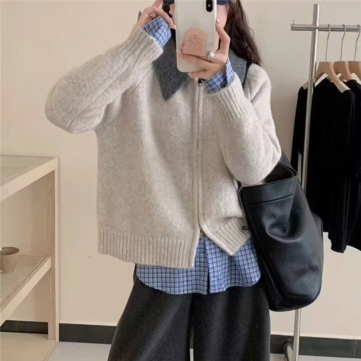 Dame cardigan med høy krage og asymmetrisk snitt Skjora