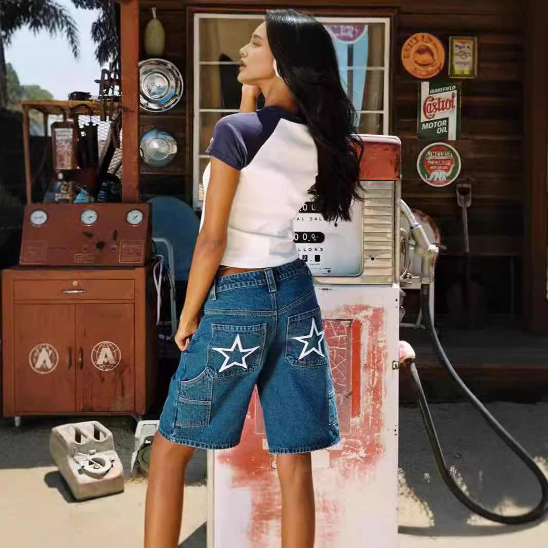 Dame moteriktige denim-shorts med avslappet snitt og høy midje Skjora