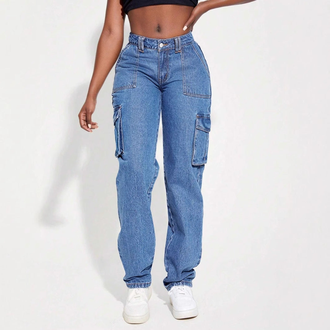 Dame cargo jeans med elastisk midjebånd og innovativt design