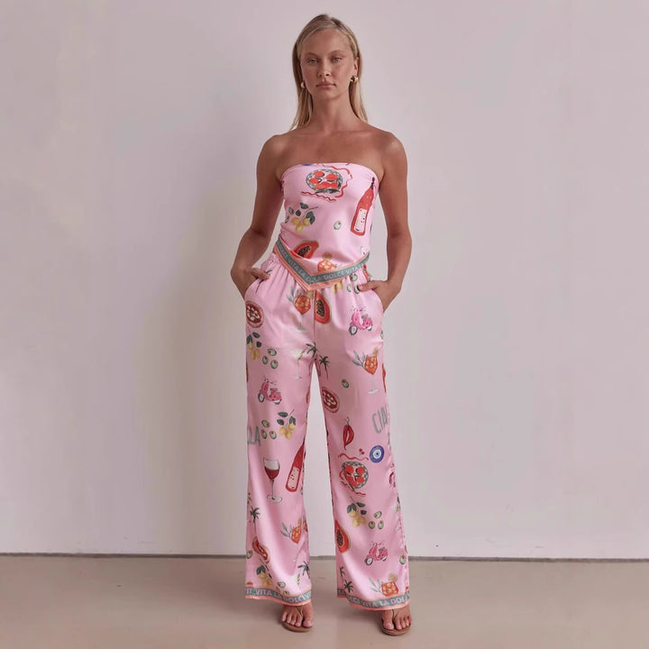Kvinnens jumpsuit med lekne tropiske mønstre og elastisk topp Skjora