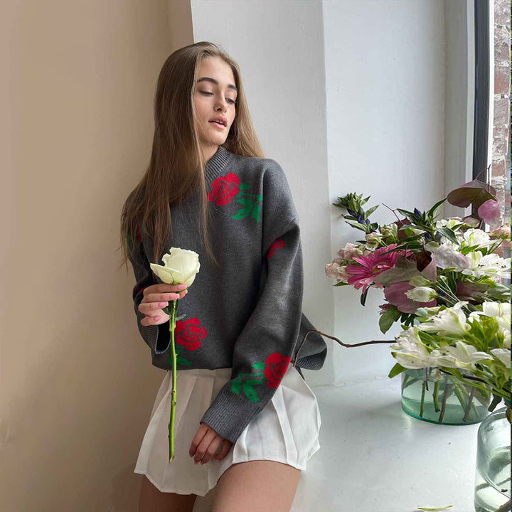 Kvinnes mønstrete strikkegenser med blomsterdesign og løs passform Skjora