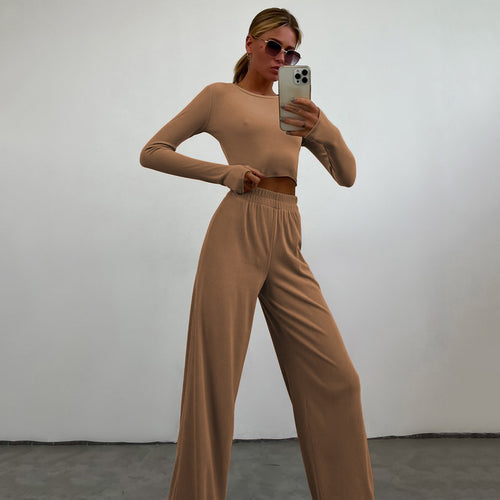 Damer Cropped Strikket Topp og Vide Bukser Sett Skjora