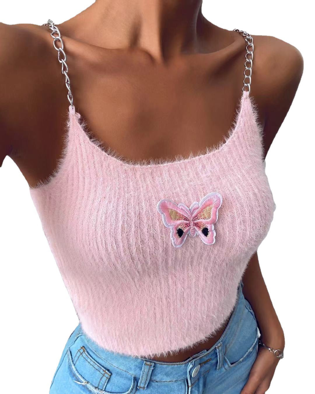 Damen cropped Top med dekorativt sommerfugl-design og kjedestropper Skjora