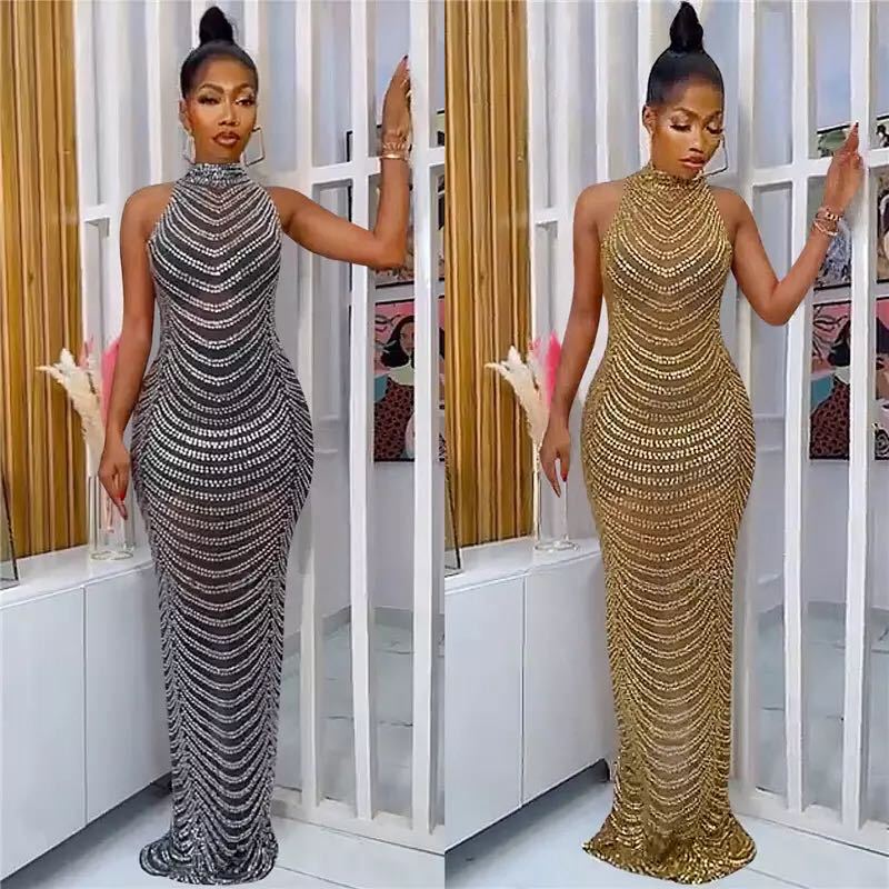 Damer Glamorous Paljetter Maxi Kjole med Tettsittende Snitt og Chic Utskjæring Bak