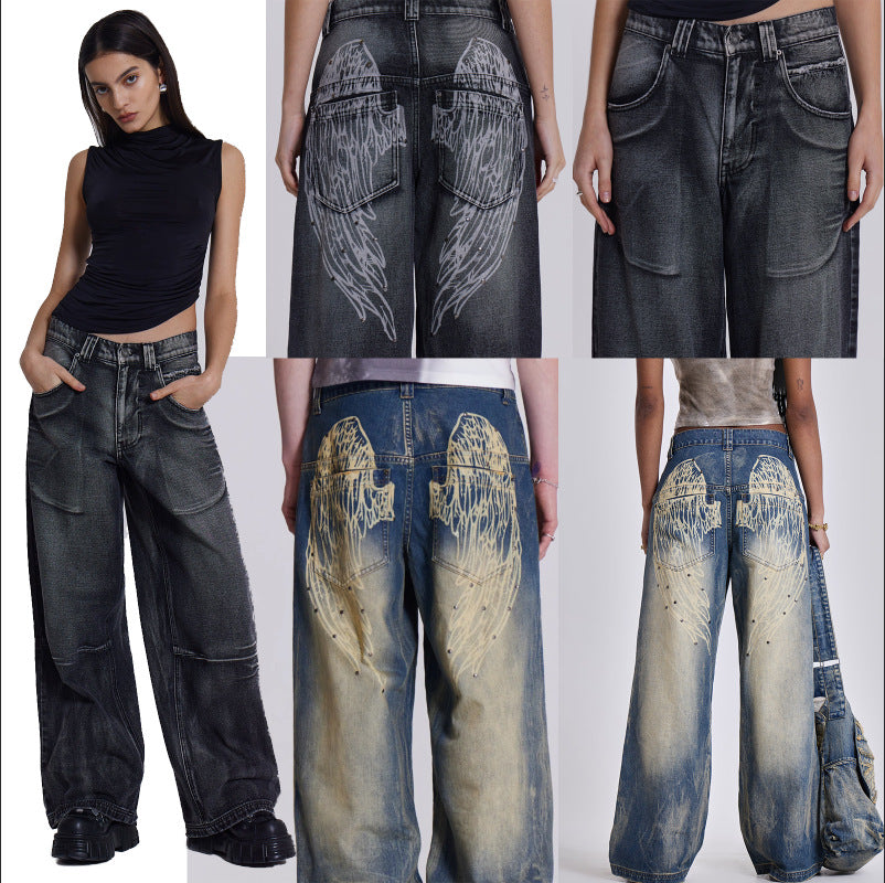 Damer vide jeans med kunstnerisk vinge-design og unike detaljer Skjora