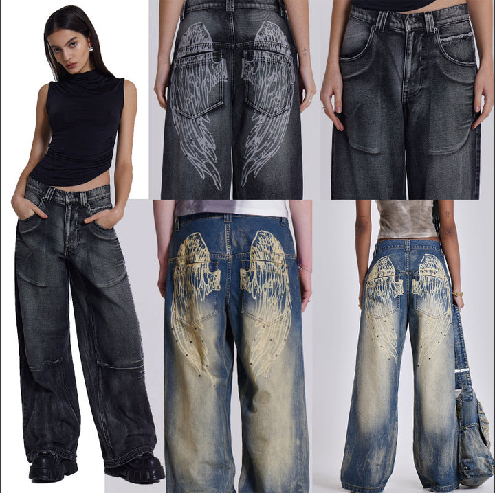 Damer vide jeans med kunstnerisk vinge-design og unike detaljer Skjora