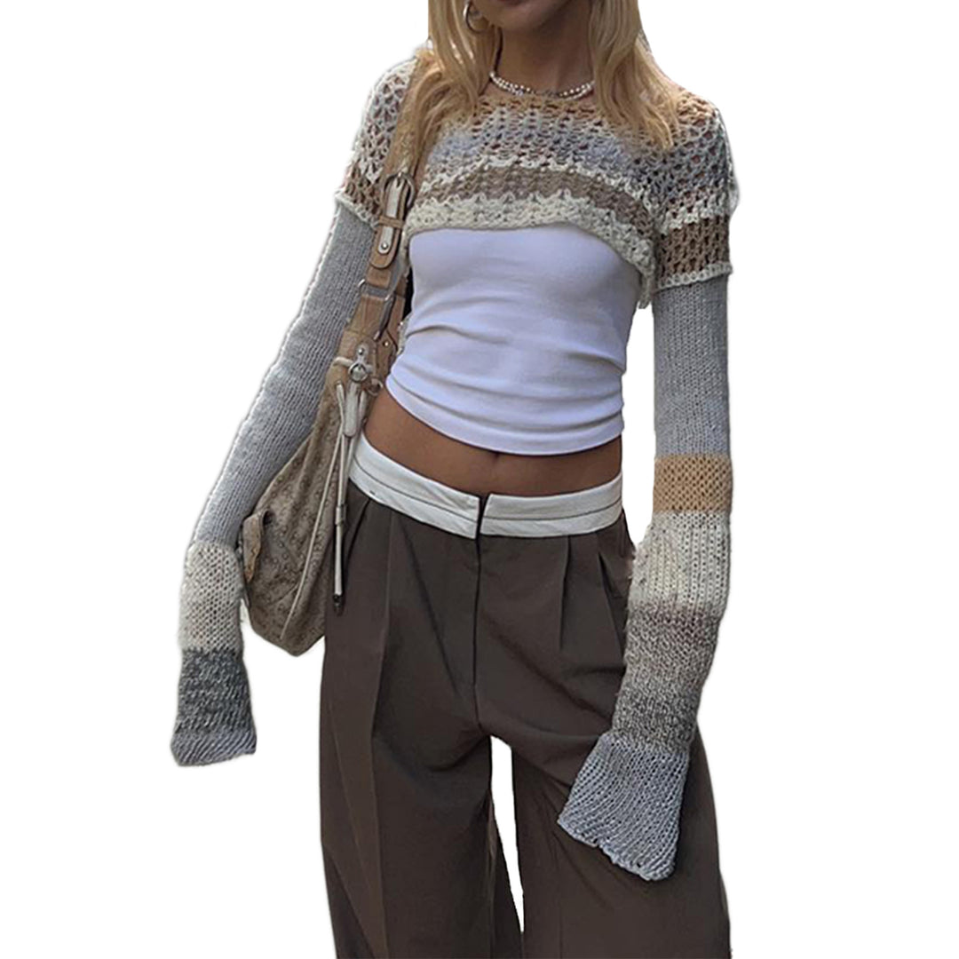 Damer heklede crop-top med lange ermer og fargerike striper Skjora